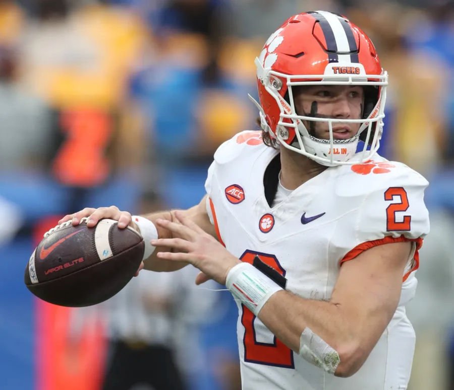 Nov 16, 2024; Pittsburgh, Pennsylvania, USA; Clemson Tigers quarterback Cade Klubnik (2) passes against the Pittsburgh Panthers during the fourth quarter at Acrisure Stadium. Mandatory Credit: Charles LeClaire-Imagn Images